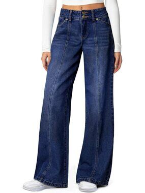 Women's Navy Blue High Waisted Stretchy Jean Seamed Front Double Button Wide Leg